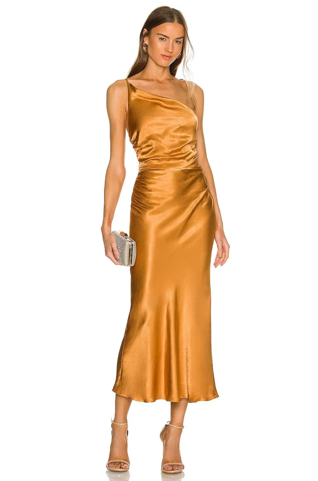 Shona Joy Alma Asymetric Bias Cowl Midi Dress Tumeric Gold Size 8 for rent on The Volte - main image