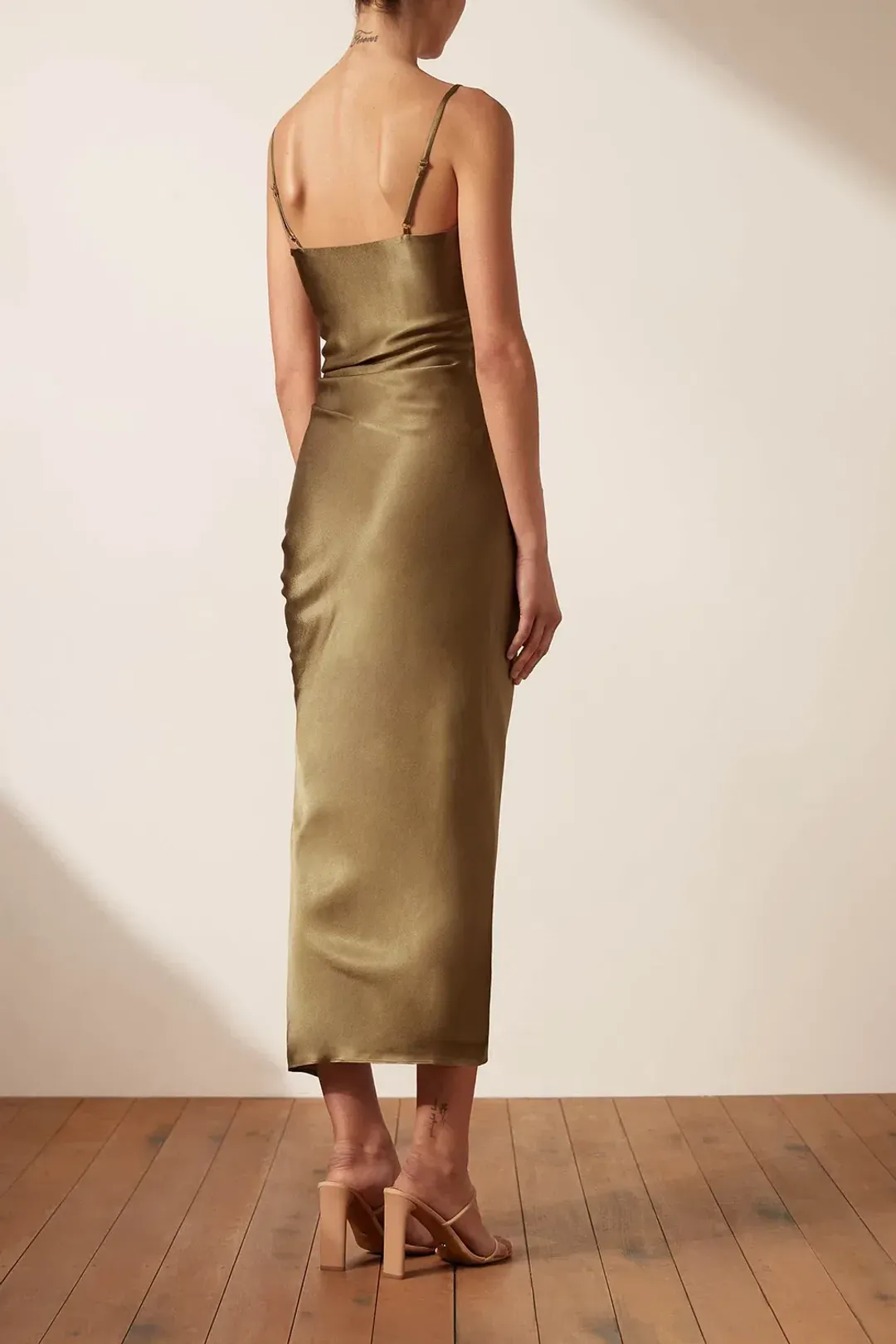 Shona Joy Thalia Bias Ruched Midi Dress Cumin Green Size 10 for rent on The Volte - main image