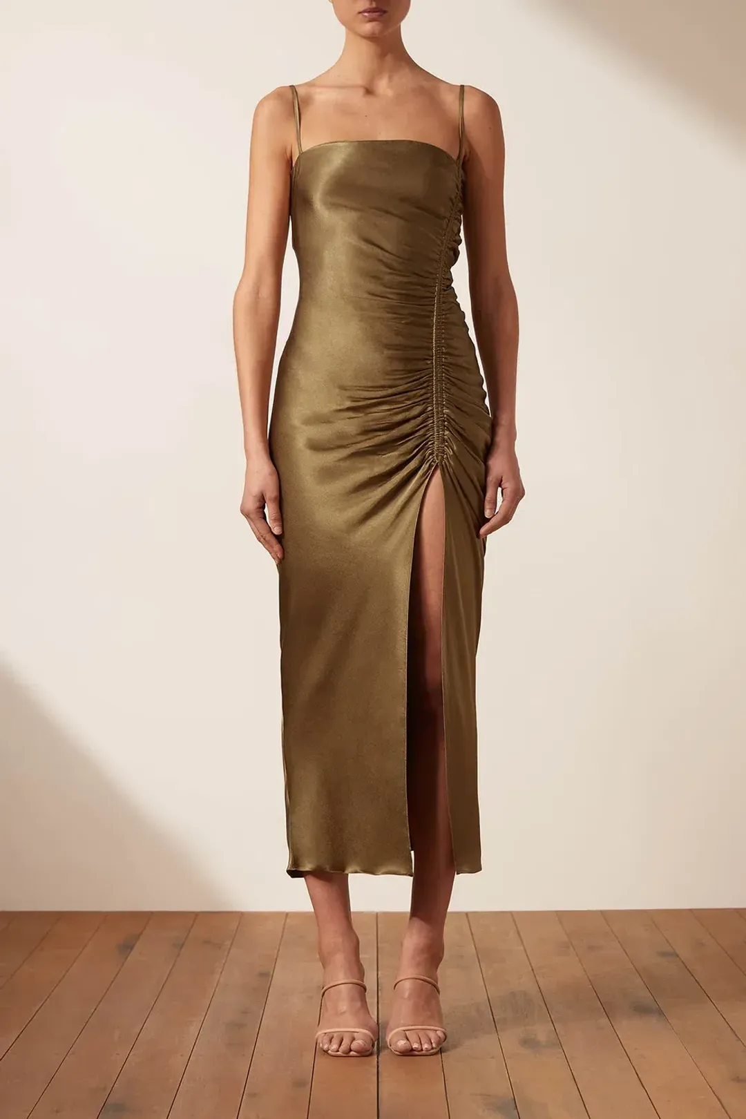 Shona Joy Thalia Bias Ruched Midi Dress Cumin Green Size 10 for rent on The Volte - main image
