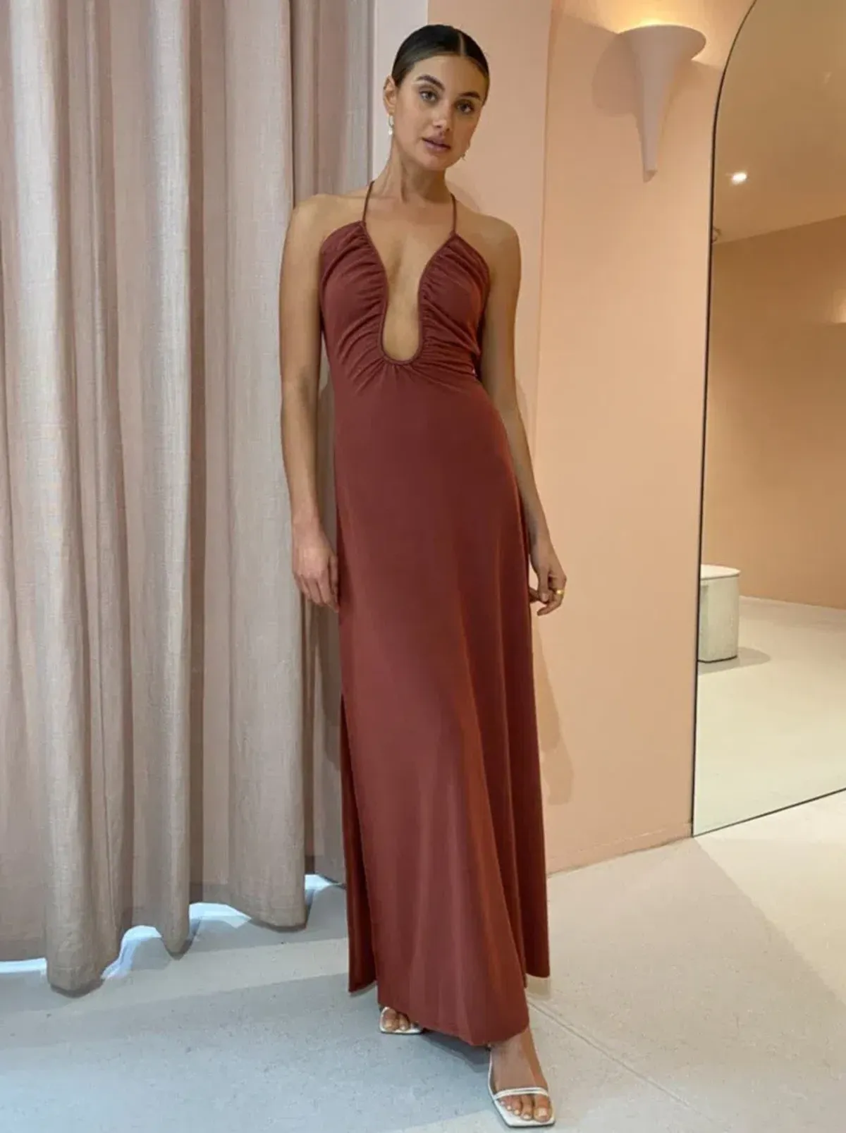 Sonya Moda Knitted Keyhole Gown in Spice Brown Size 10 - Image 2