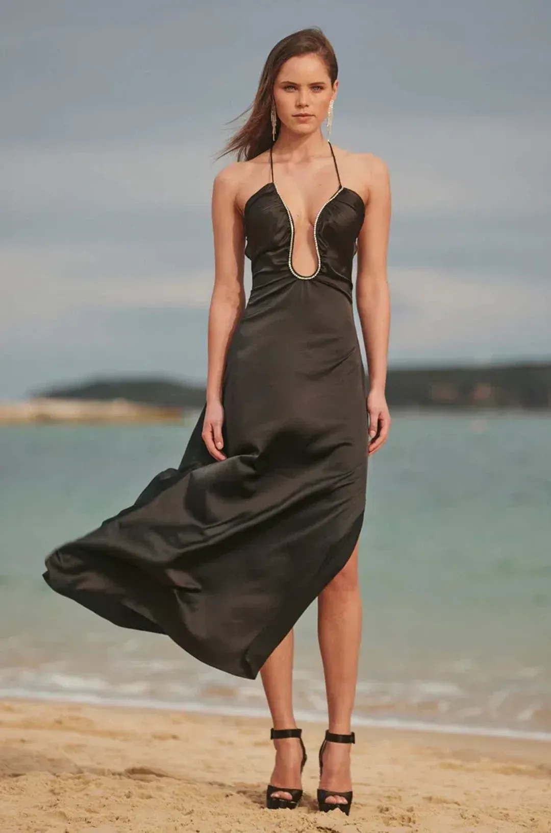Sonya Moda Satin Embellished Keyhole Maxi Dress Black Size 8 for rent on The Volte - main image