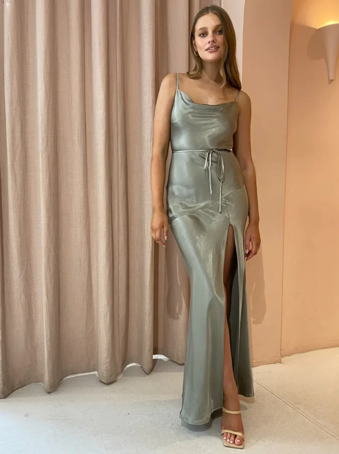 Shona Joy La Lune Bias Cowl Maxi Dress Sage Size 10  for rent on The Volte - main image