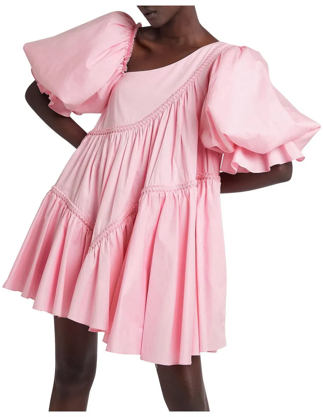 Aje Casabianca Braided Asymmetric Puff Sleeve Mini Dress Pink Size 4 / XXS for rent on The Volte - main image