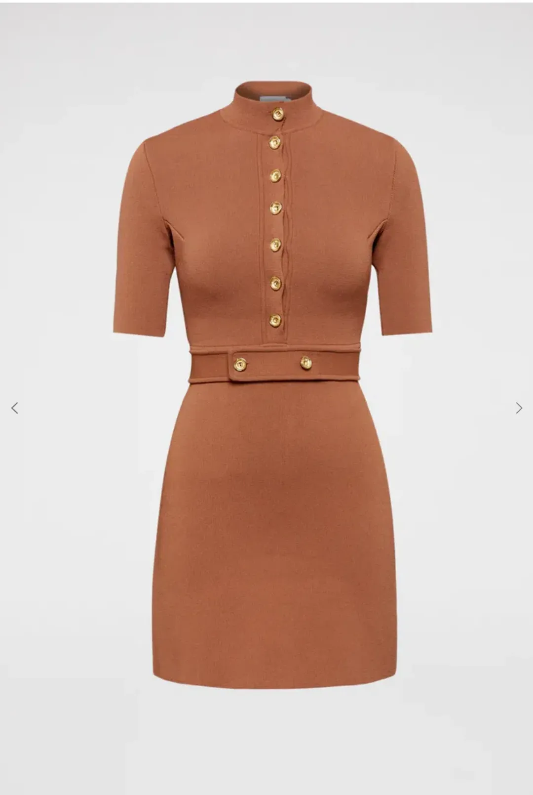 Scanlan Theodore Crepe Knit Mini Button Dress Hazel Brown Size 6 for rent on The Volte - main image