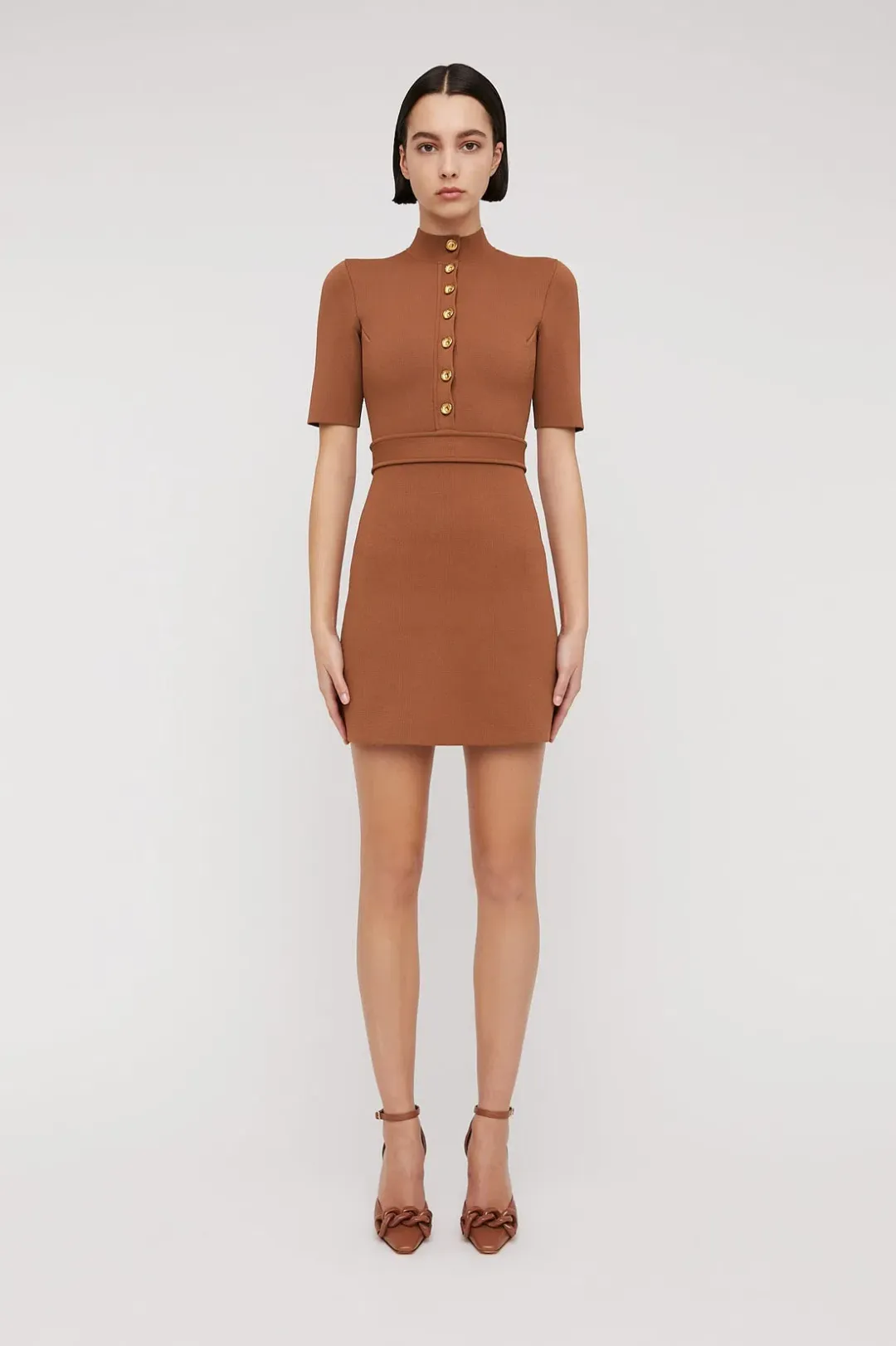 Scanlan Theodore Crepe Knit Mini Button Dress Hazel Brown Size 6 for rent on The Volte - main image