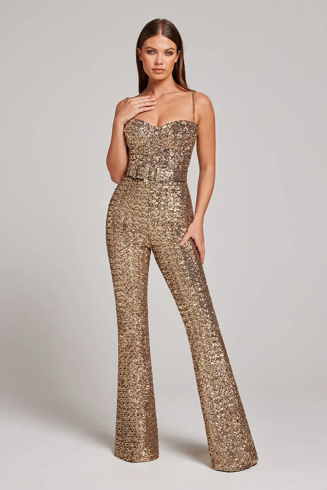 Nadine Merabi Lucinda Gold Jumpsuit Size AU 8 for rent on The Volte - main image