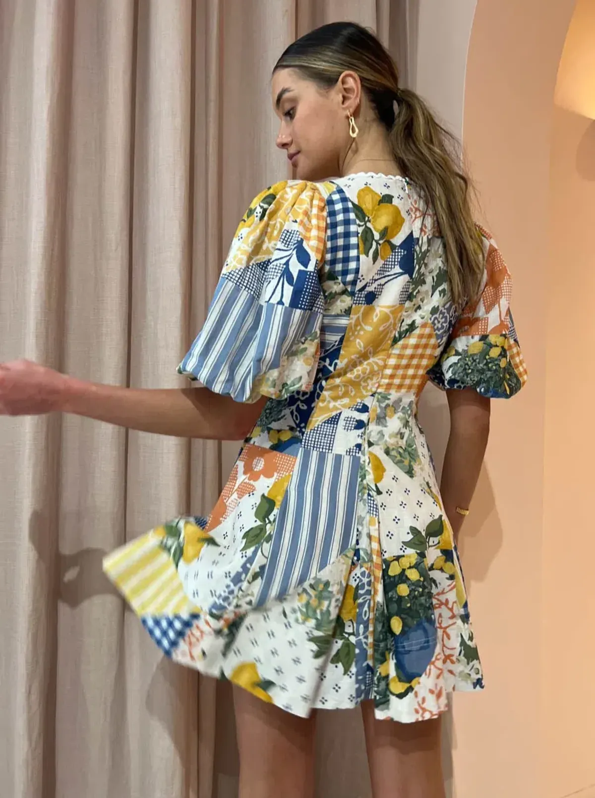 By Nicola Wavy Mini Dress Lemon Patchwork Size 6 - Image 3