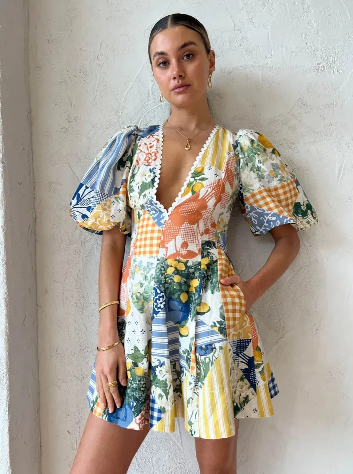 By Nicola Wavy Mini Dress Lemon Patchwork Size 6 - Image 7