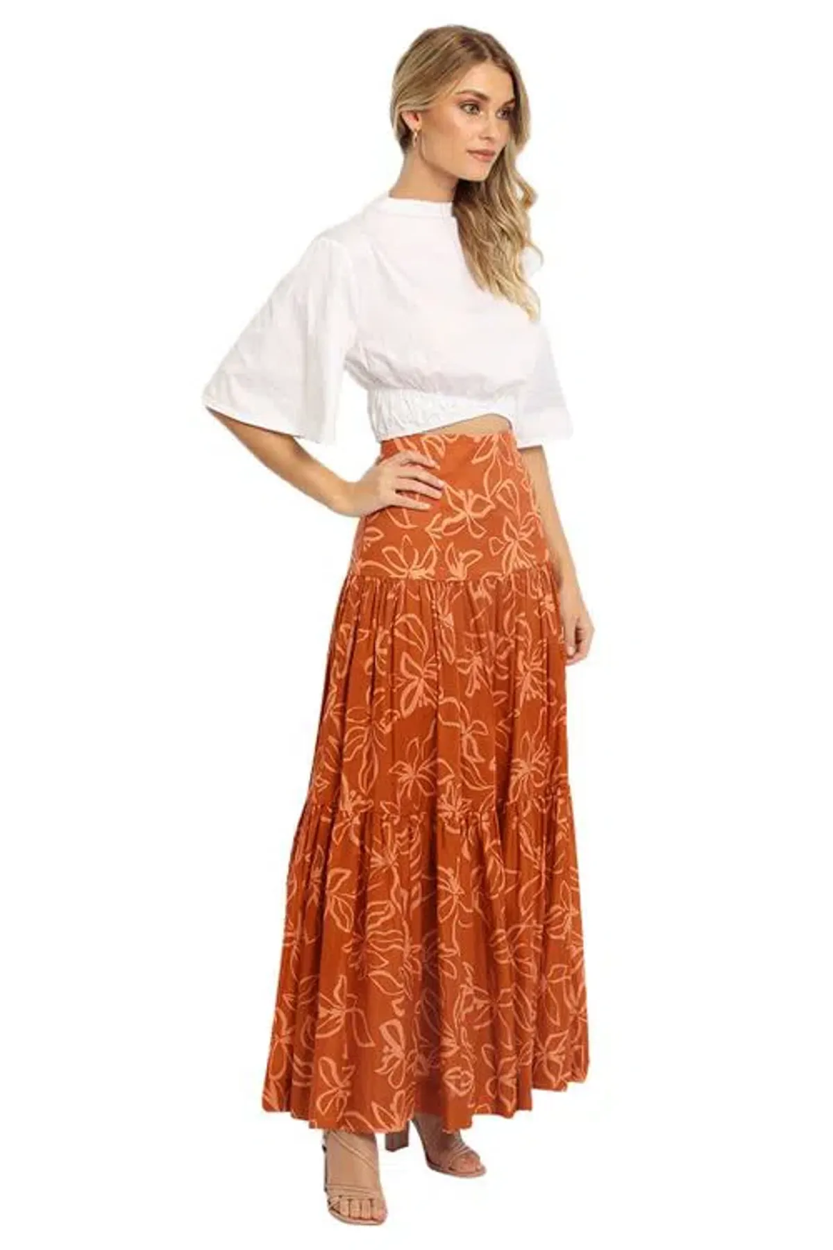 Bec & Bridge Aurora Skirt Orange/Rust Floral Print Size 8 - Image 3