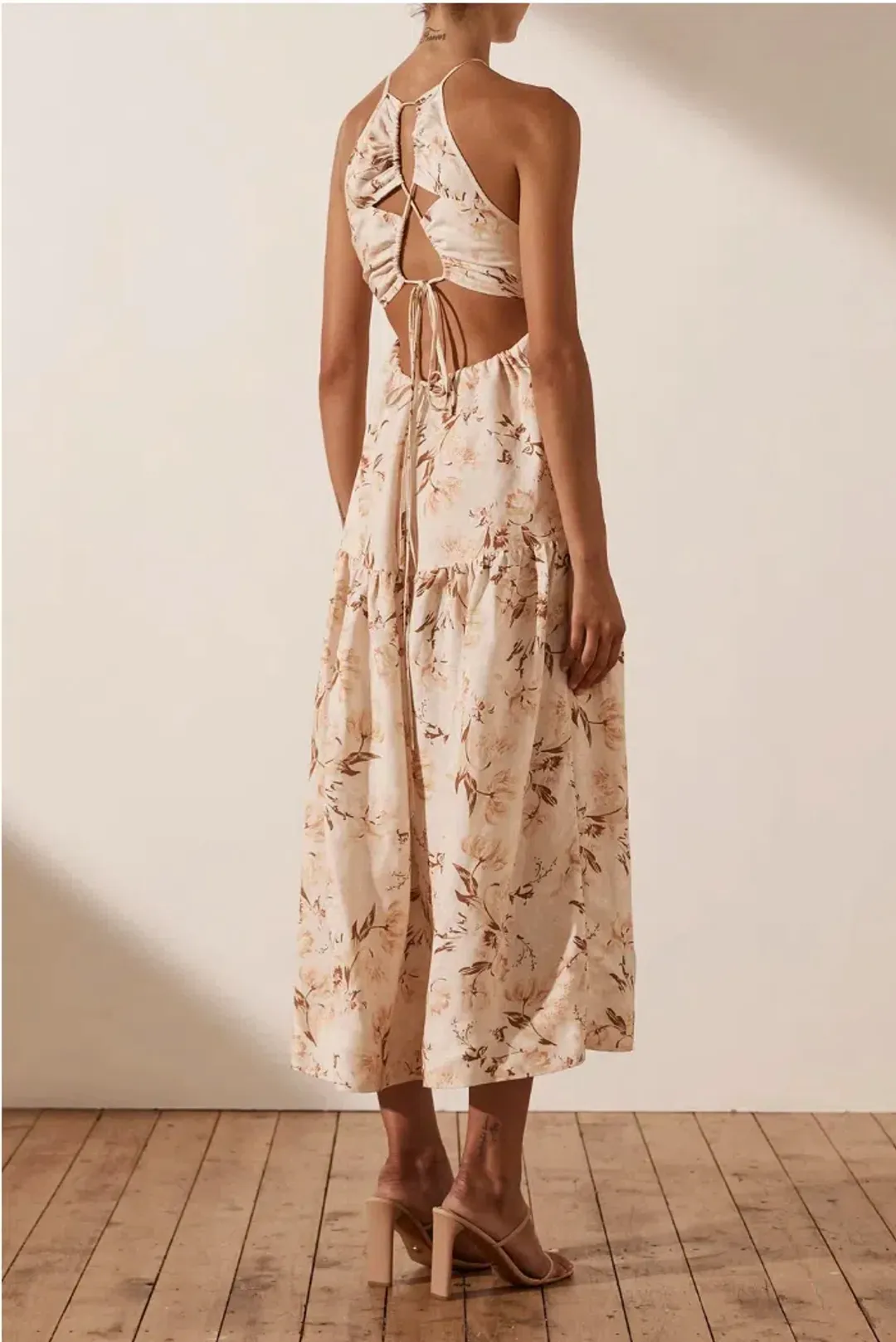 Shona Joy Roxanne Linen Open Back Tiered Midi Dress Beige Size AU 12 for rent on The Volte - main image