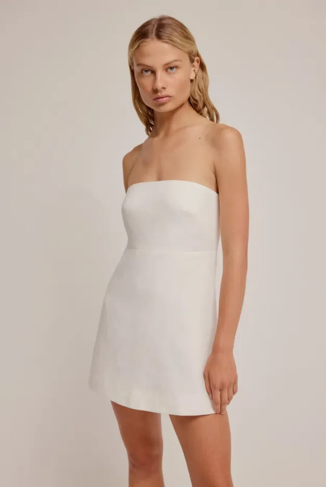 Venroy Linen Strapless Mini Dress White Size AU 8 for rent on The Volte - main image