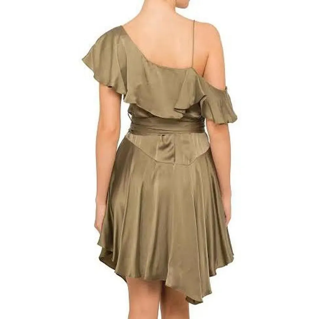 Zimmermann Sueded Asymmetrical Wrap Mini Dress Khaki Size 1 / AU 10 for rent on The Volte - main image