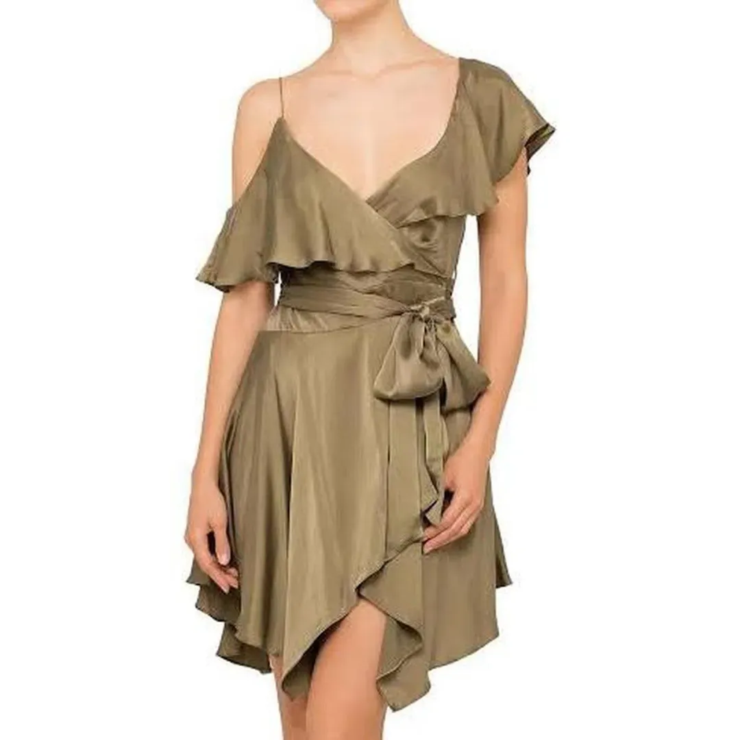 Zimmermann Sueded Asymmetrical Wrap Mini Dress Khaki Size 1 / AU 10 for rent on The Volte - main image