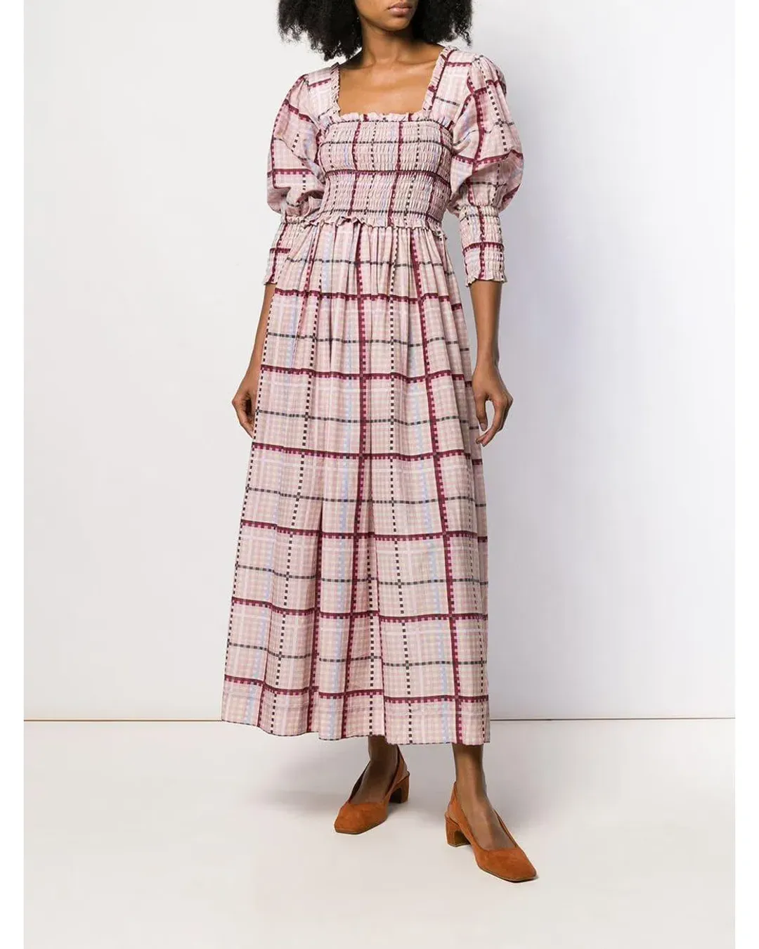 Ganni Ruched Seersucker Plaid Dress Pink Size 10 for rent on The Volte - main image
