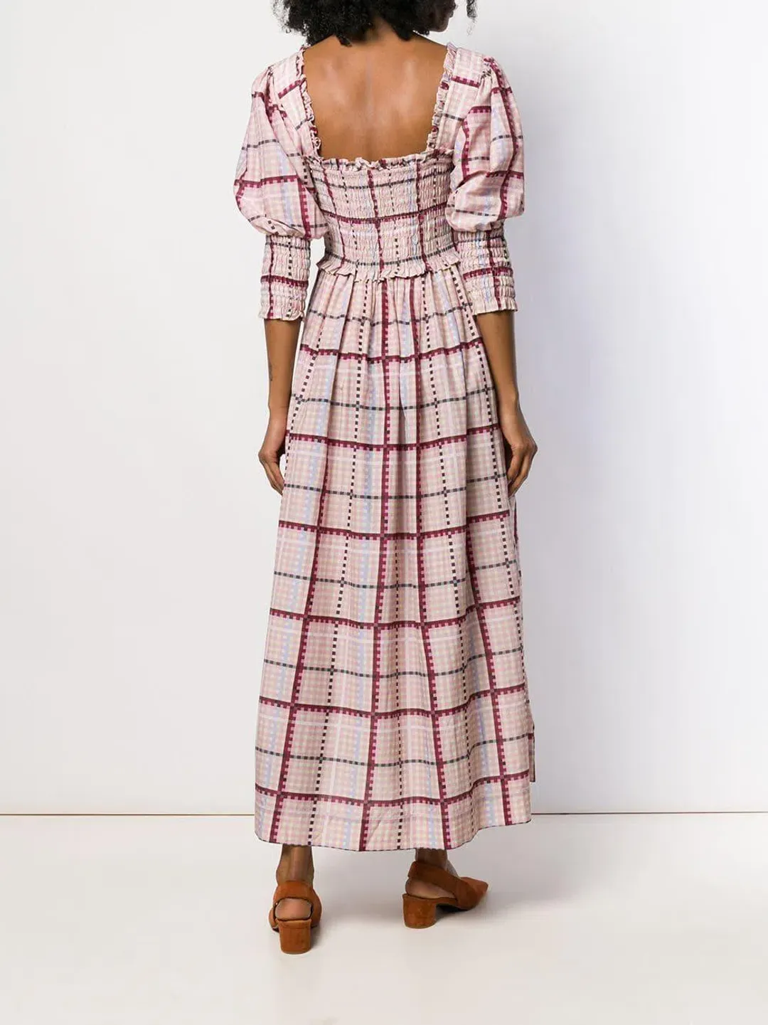Ganni Ruched Seersucker Plaid Dress Pink Size 10 for rent on The Volte - main image
