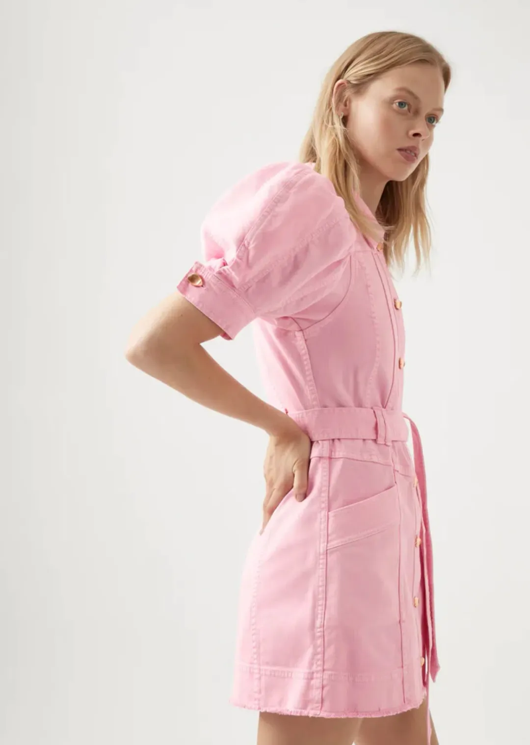 AJE Flora Denim Puff Sleeve Mini Dress Bon Bon Pink Size 14 for rent on The Volte - main image