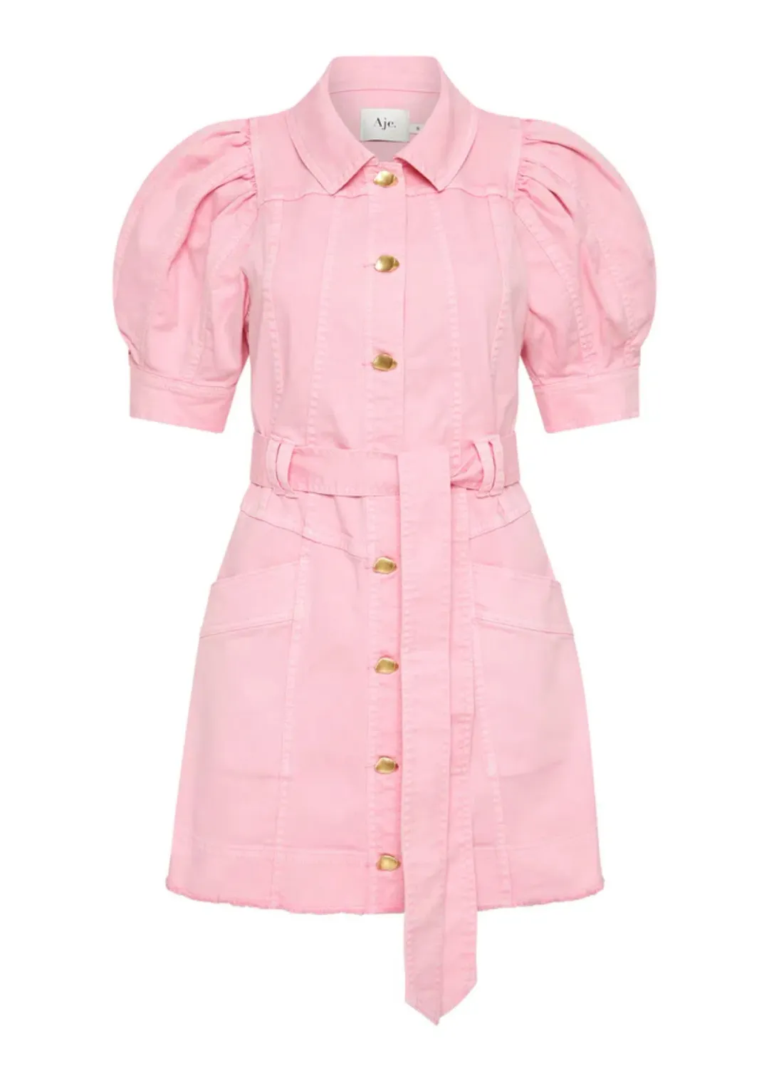 AJE Flora Denim Puff Sleeve Mini Dress Bon Bon Pink Size 14 for rent on The Volte - main image