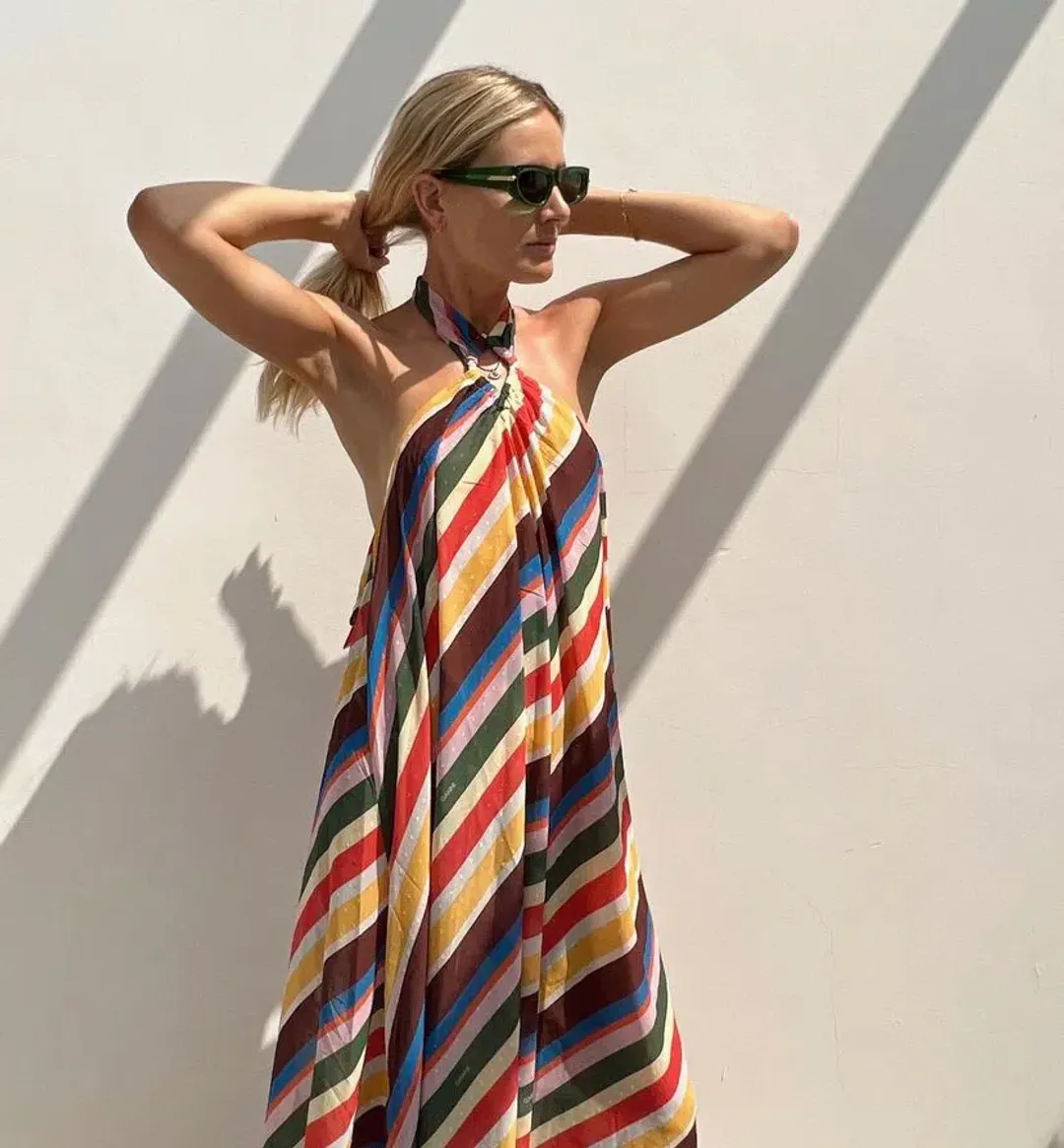 Ganni Striped Halter Neck Recycled Chiffon Midi Dress Multi Size AU 10  for rent on The Volte - main image