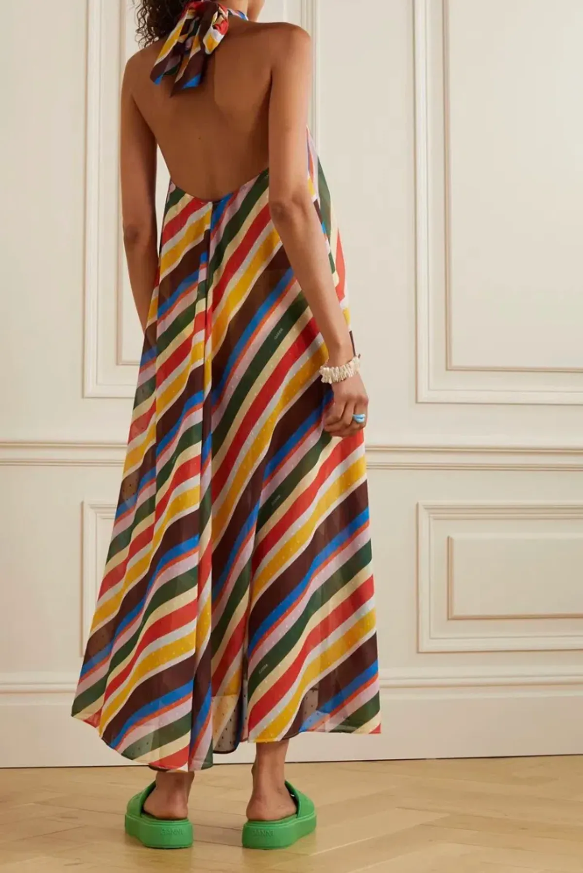 Ganni Striped Halter Neck Recycled Chiffon Midi Dress Multi Size AU 10 - Image 3