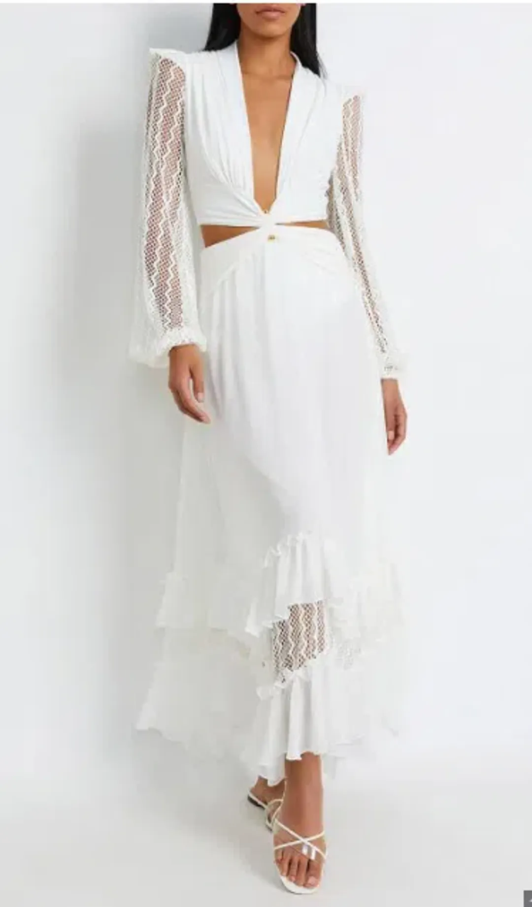 PatBO Plunge Lace Sleeve Maxi Dress White Size M / Au 10 for rent on The Volte - main image