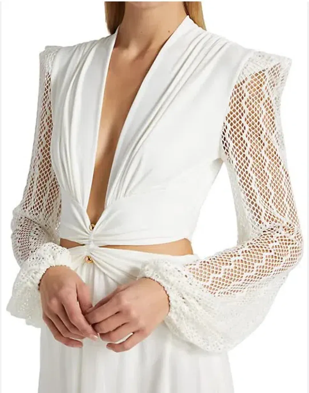 PatBO Plunge Lace Sleeve Maxi Dress White Size M / Au 10 for rent on The Volte - main image