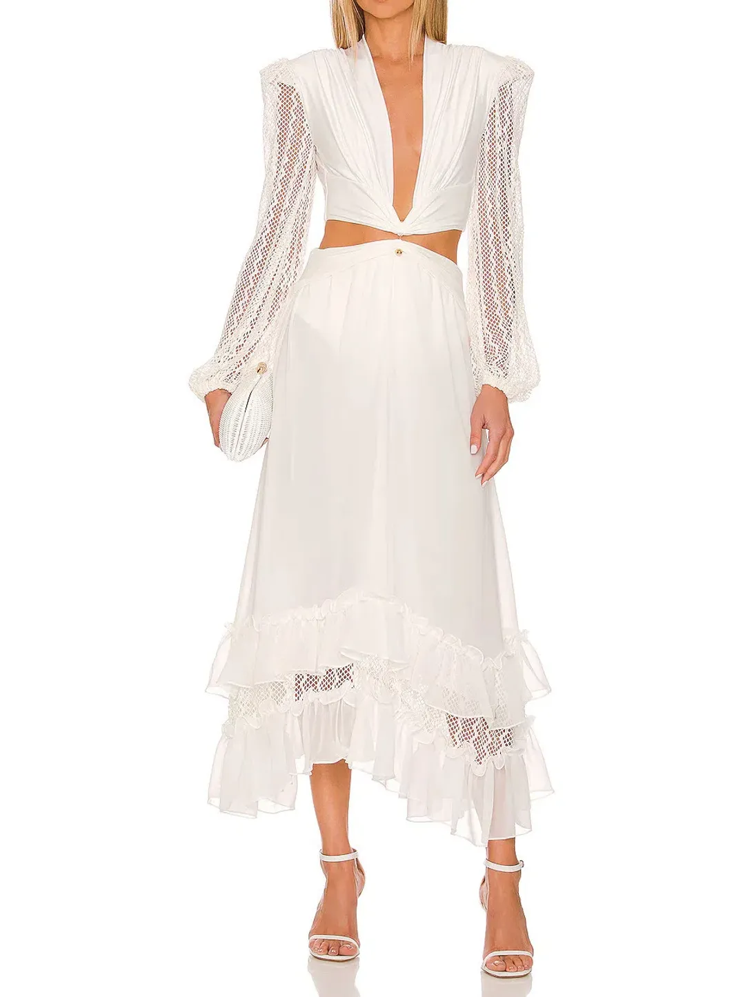 PatBO Plunge Lace Sleeve Maxi Dress White Size M / Au 10 for rent on The Volte - main image