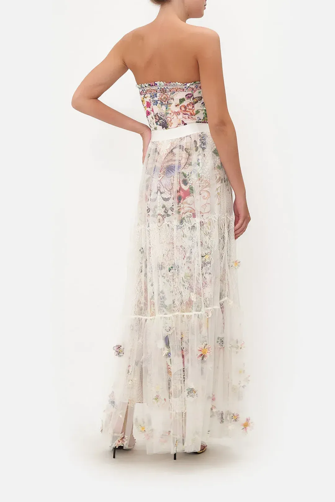 Camilla Queens Bee Hive Bandeau Bodysuit with Frill and Waistband Ruffle Hem Skirt Cream Size AU 10 for rent on The Volte - main image