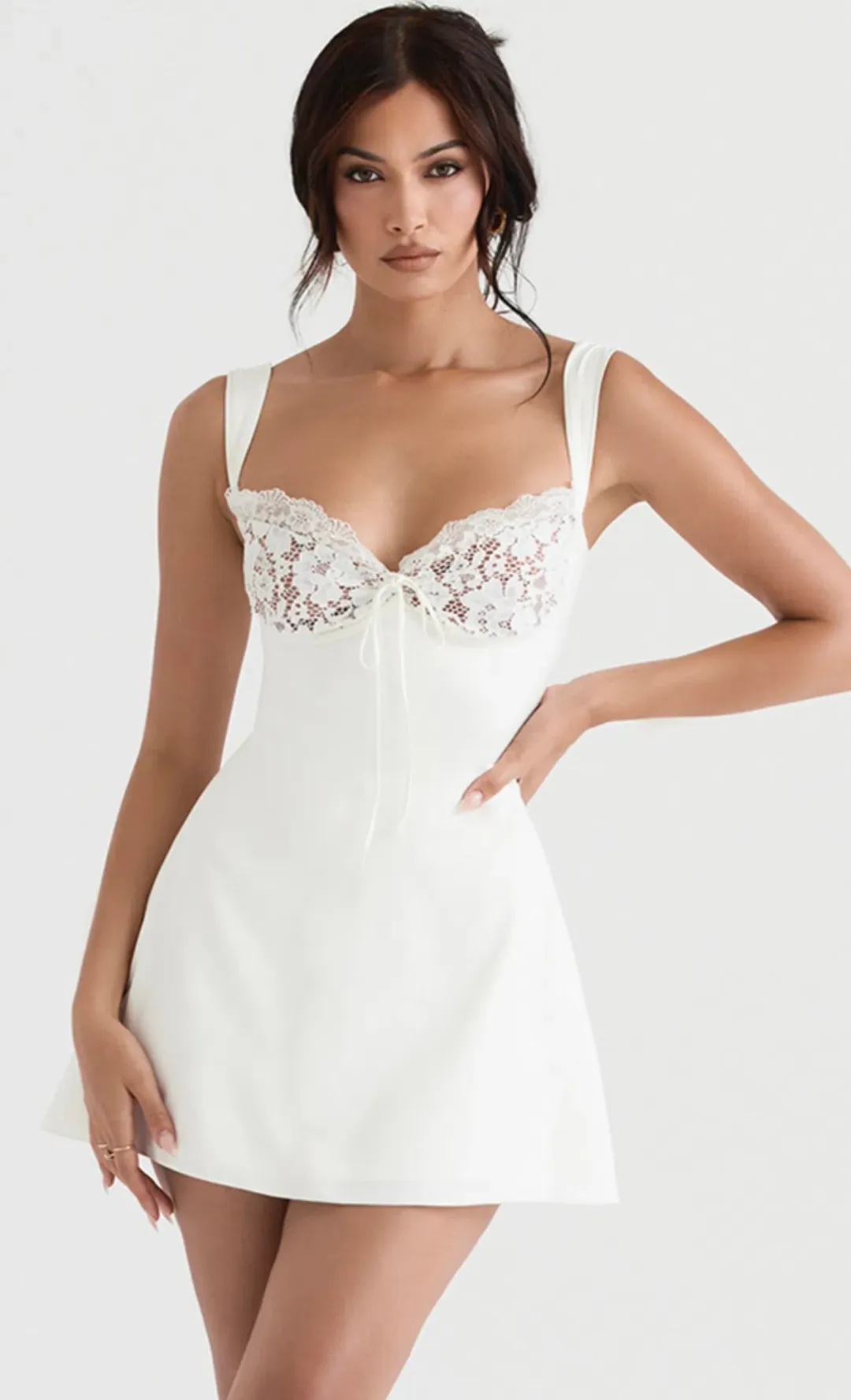 House of CB Adriana Satin and Lace Mini Dress Ivory Size 6 for rent on The Volte - main image