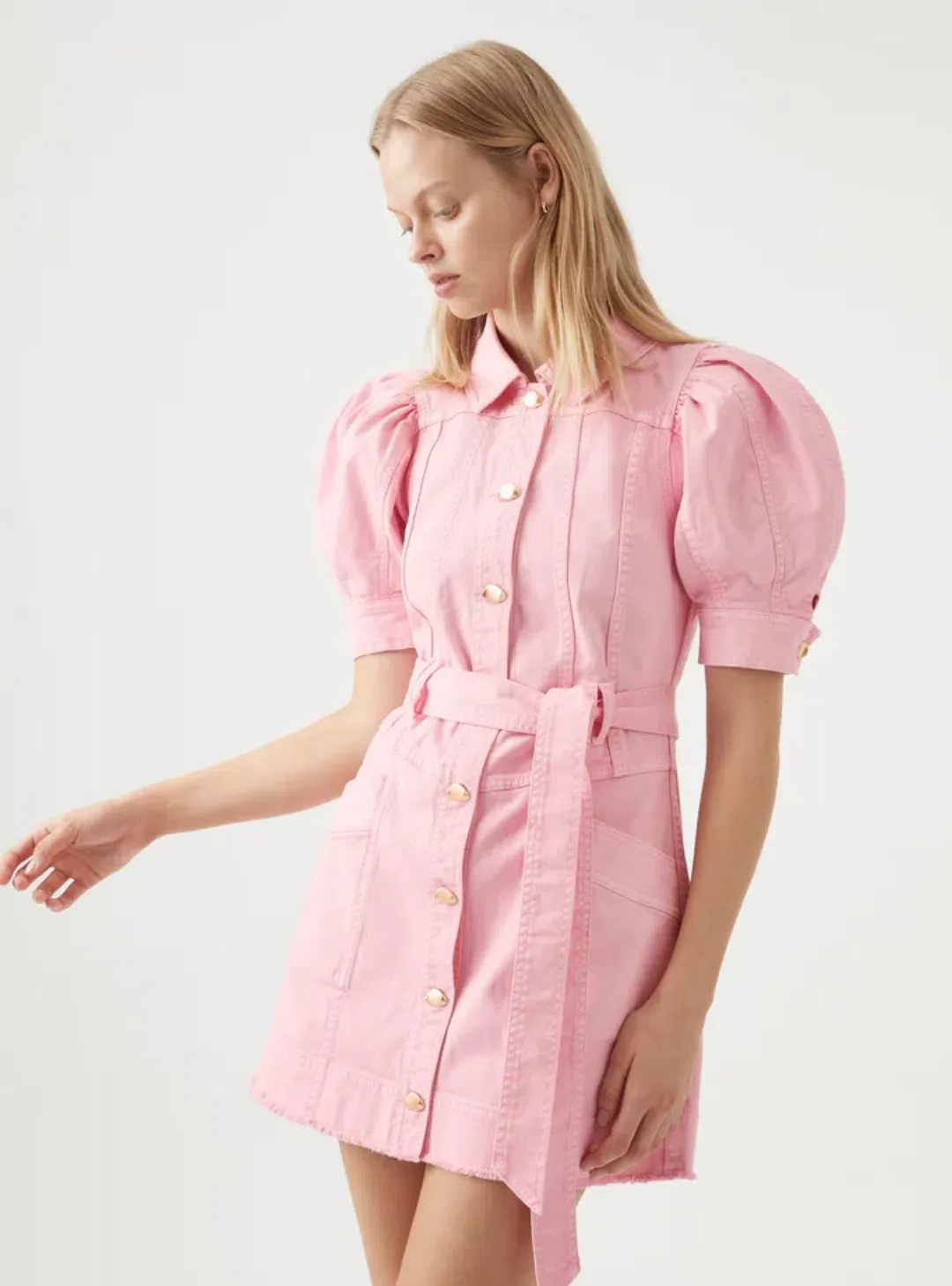 Aje Flora Denim Puff Sleeve Dress Bon Bon Pink Size AU 12  for rent on The Volte - main image