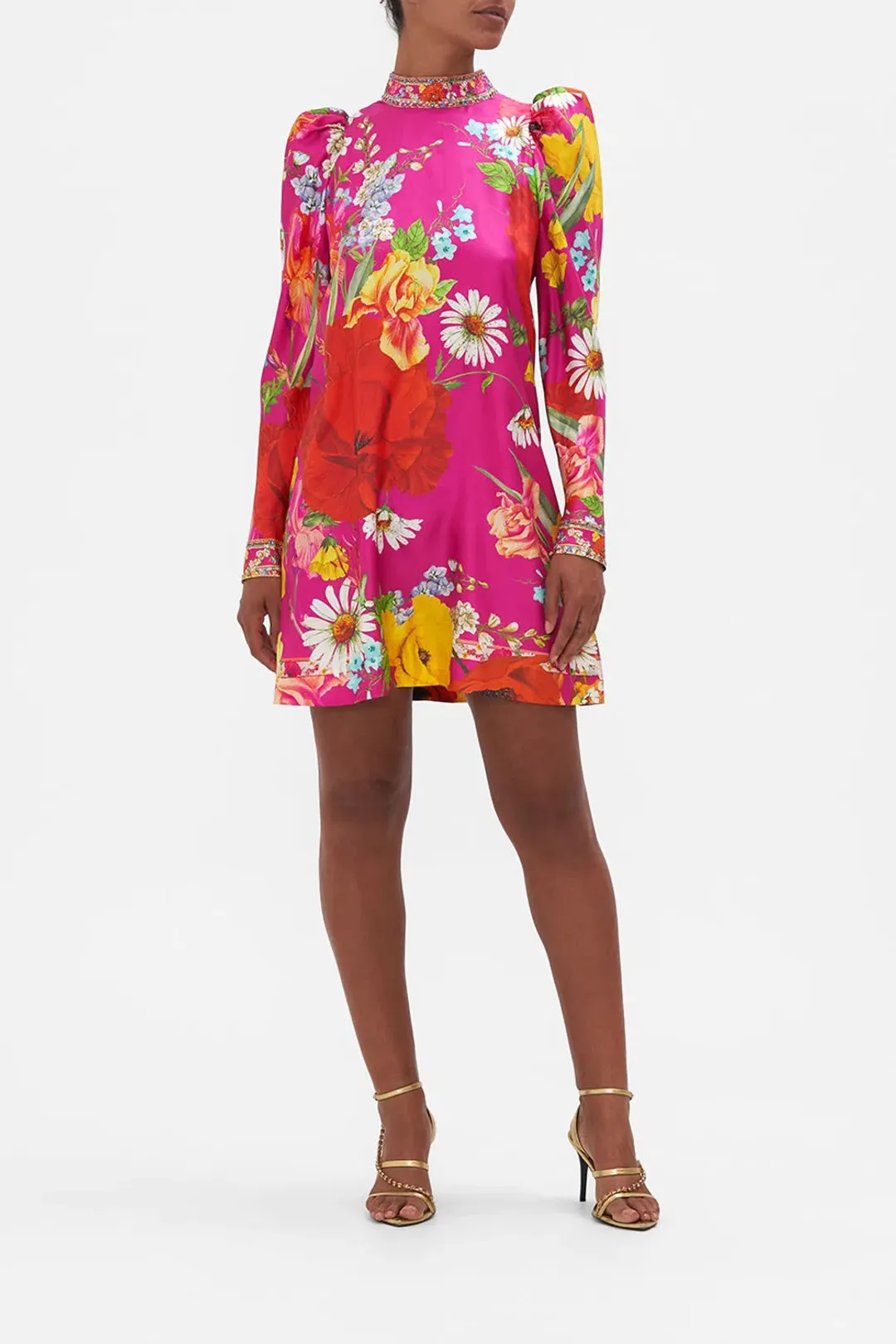 Camilla Puff Sleeve High Neck Mini Dress Floral Size M / Au 10 for rent on The Volte - main image