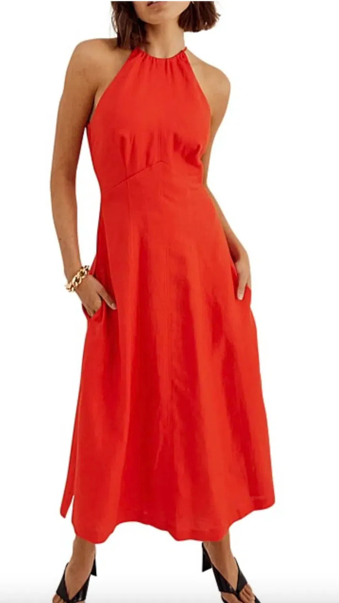 Sovere Relish Washed Linen Halter Midi Dress Solar Red Size 8 for rent on The Volte - main image