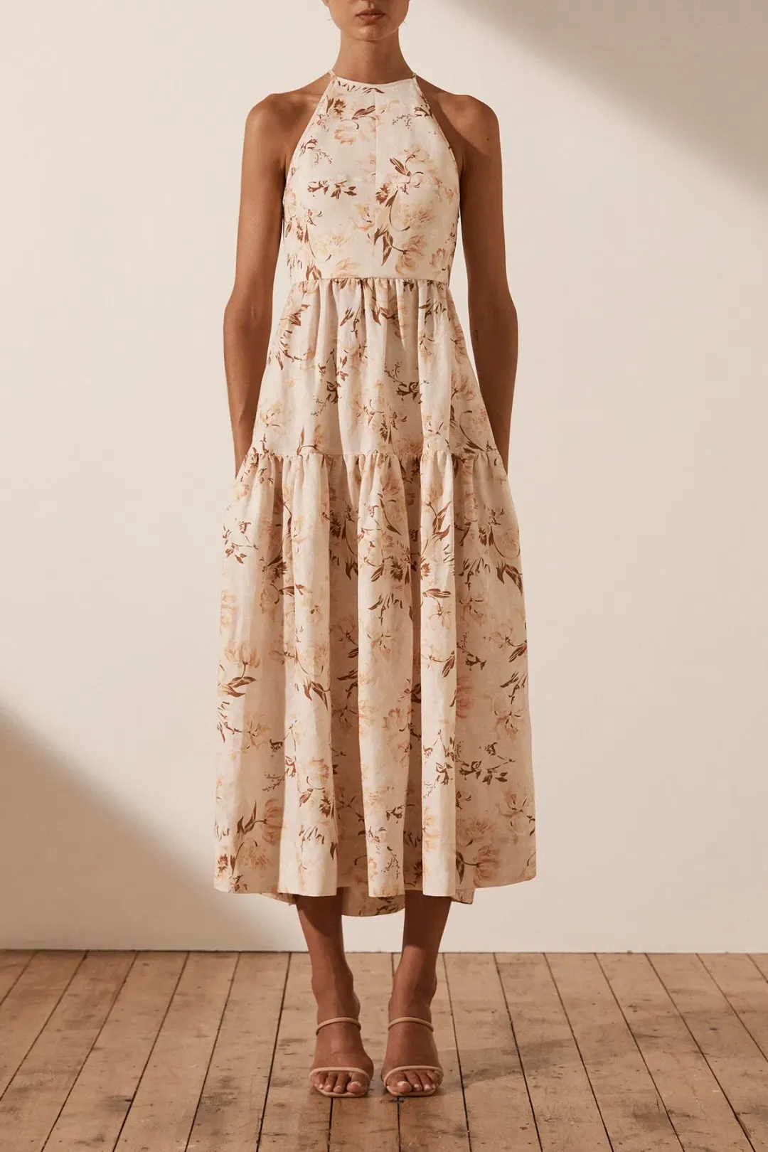 Shona Joy Roxanne Linen Open Back Tiered Midi Dress Floral Size 8 / S for rent on The Volte - main image