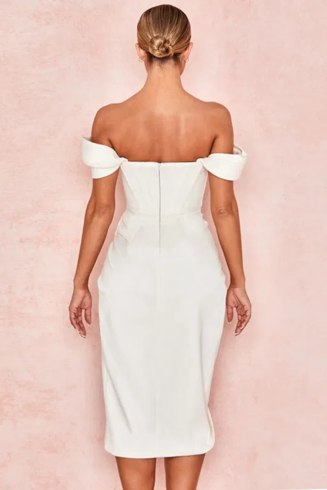 House of CB Loretta Satin Off Shoulder Midi Dress Ivory Size XS / Au 6 for rent on The Volte - main image
