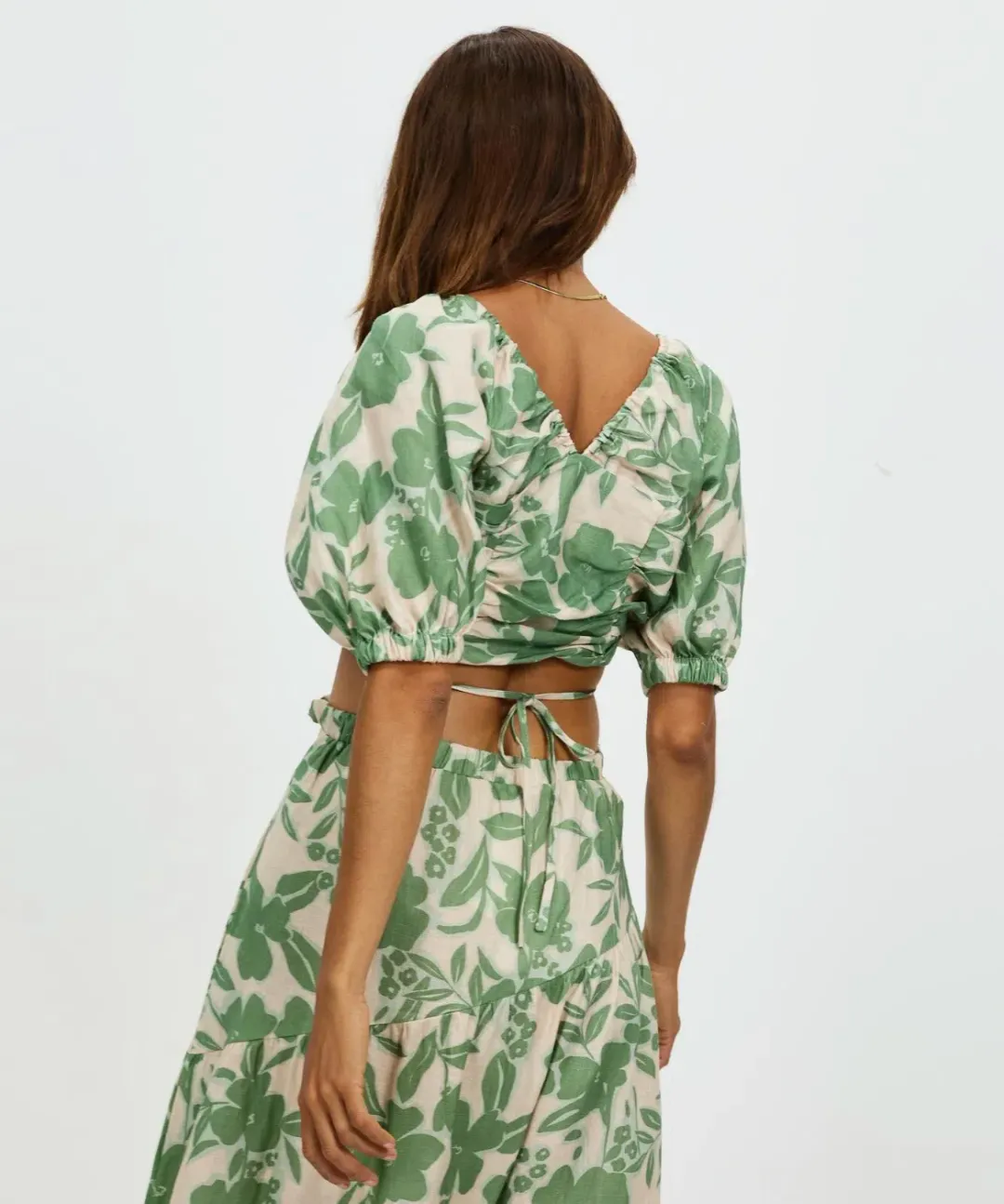 Aere Gathering Detail Linen Top & Maxi Skirt Set Floral Ivy Size 8/10 for rent on The Volte - main image