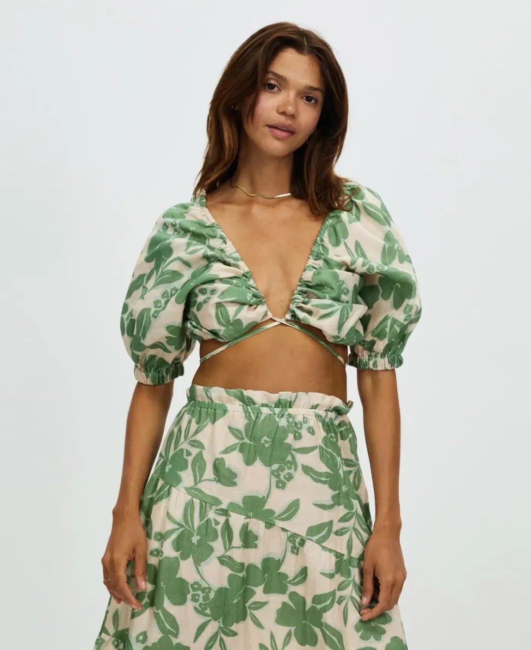 Aere Gathering Detail Linen Top & Maxi Skirt Set Floral Ivy Size 8/10 for rent on The Volte - main image