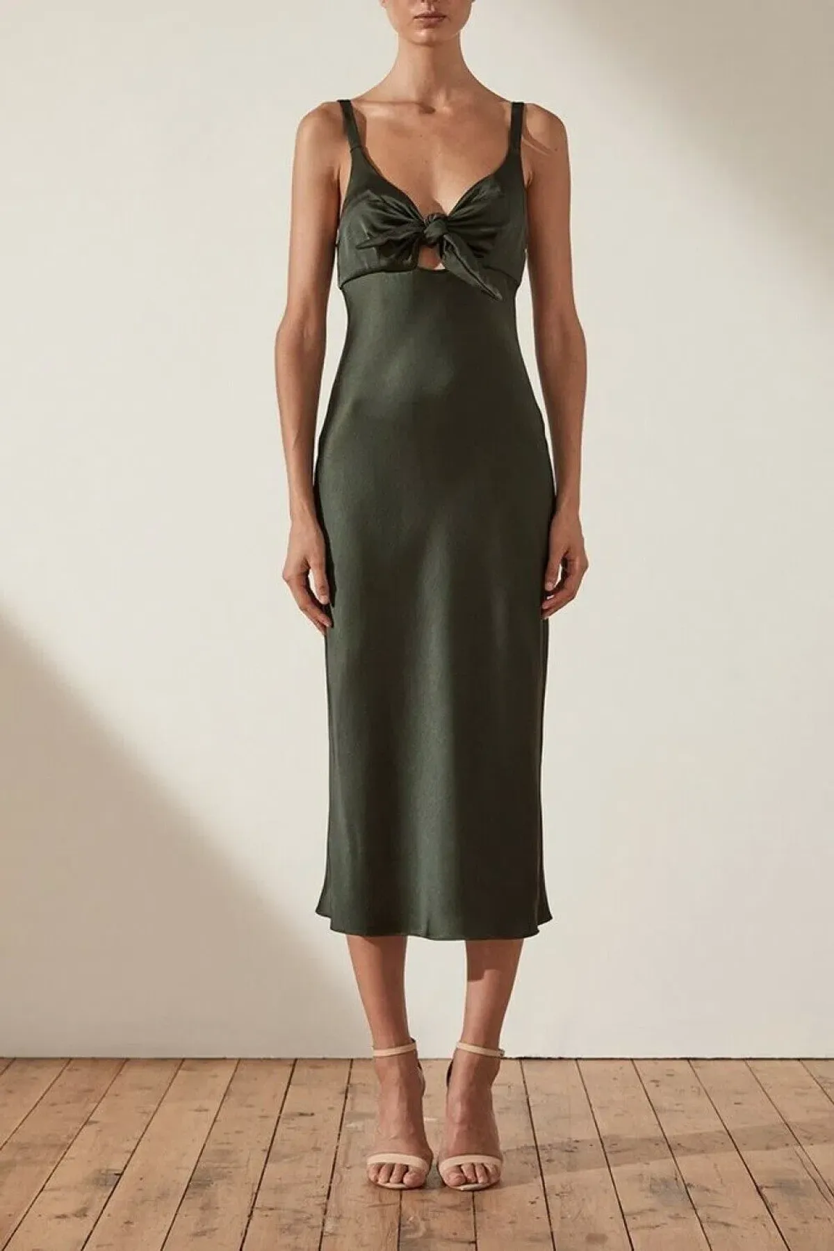 Shona Joy Douglas Tie Front Bias Midi Slip Dress In Green/ khaki In Size AU 8 - Image 3