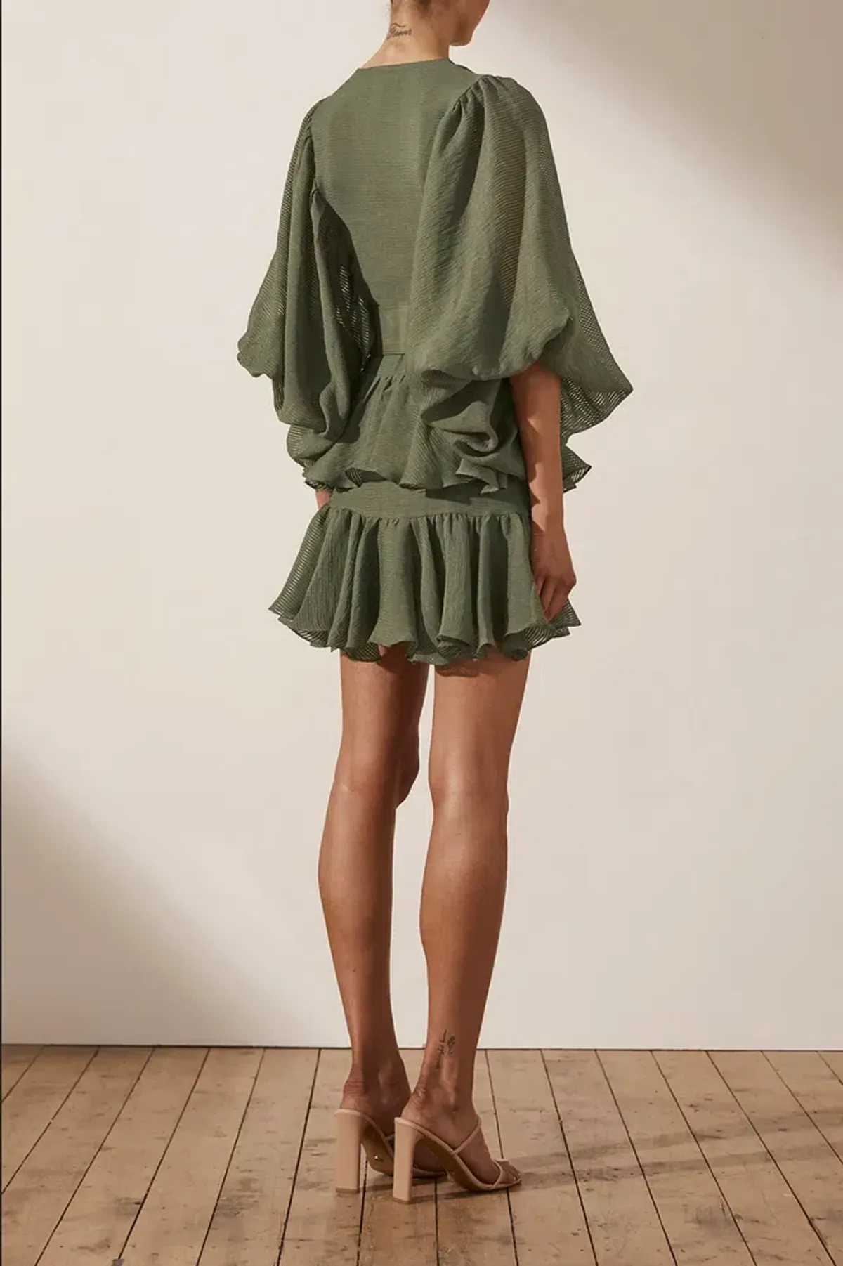 Shona Joy Charlotte Plunged Draped Mini Dress in Khaki Size 10 - Image 3