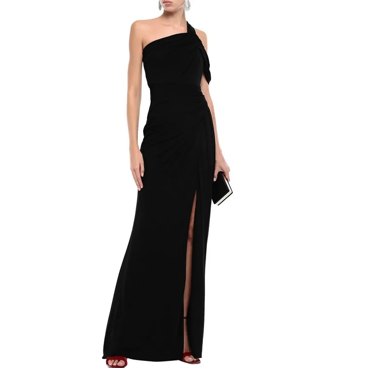 Badgley Mischka One-Shoulder Ruched Stretch Jersey Gown Black Size US 2 (AU 6)  - Image 1