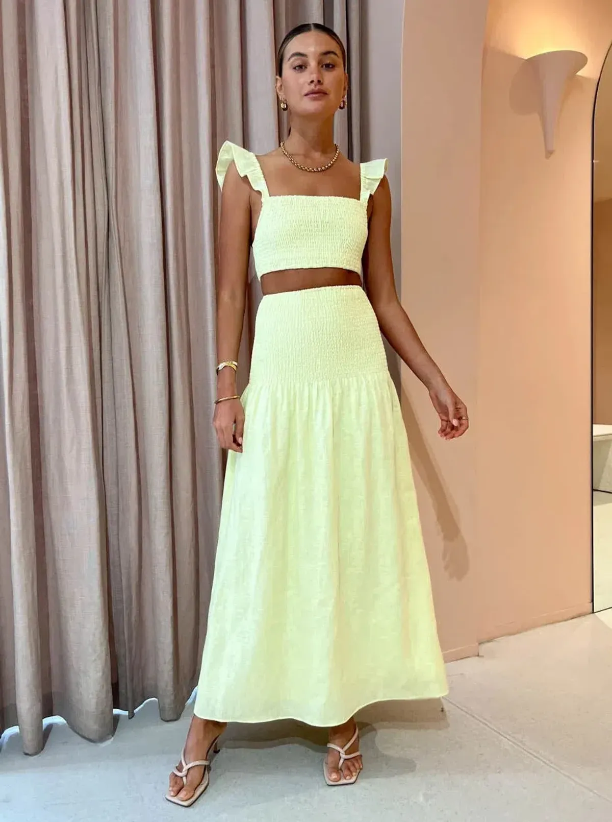 Sir The Label Francesca Shirred Crop Top Size 0 and Maxi Skirt Size 1 Set Yellow - Image 1