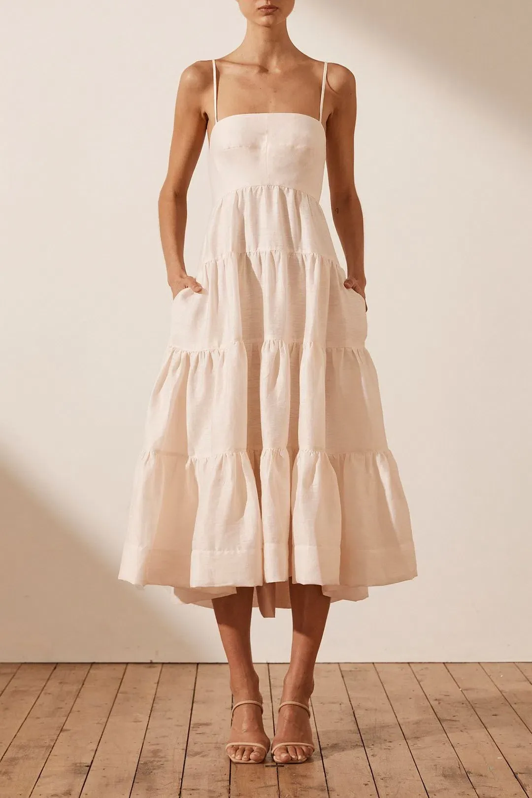 Shona Joy Elsa Tiered Midi Dress Ecru Size 10 / M for rent on The Volte - main image