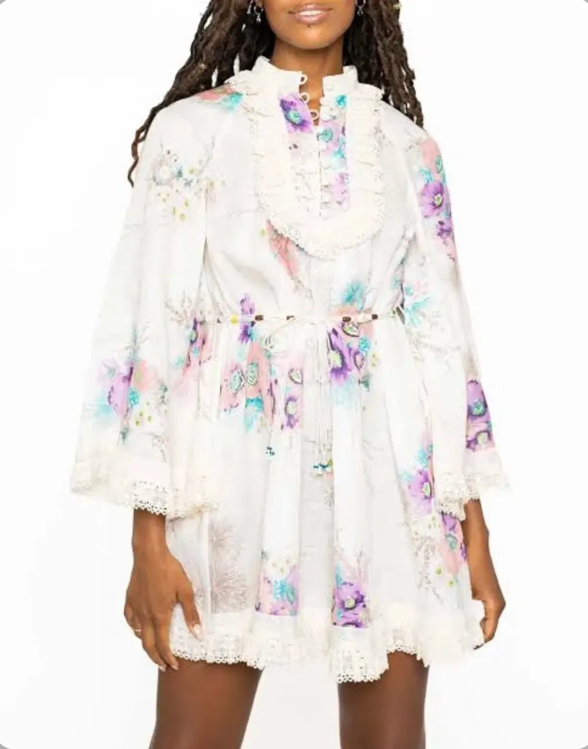 Zimmermann Jude Lace Trim Swing Linen Mini Dress in Floral Cream Size 1 / Au 10 - Image 2