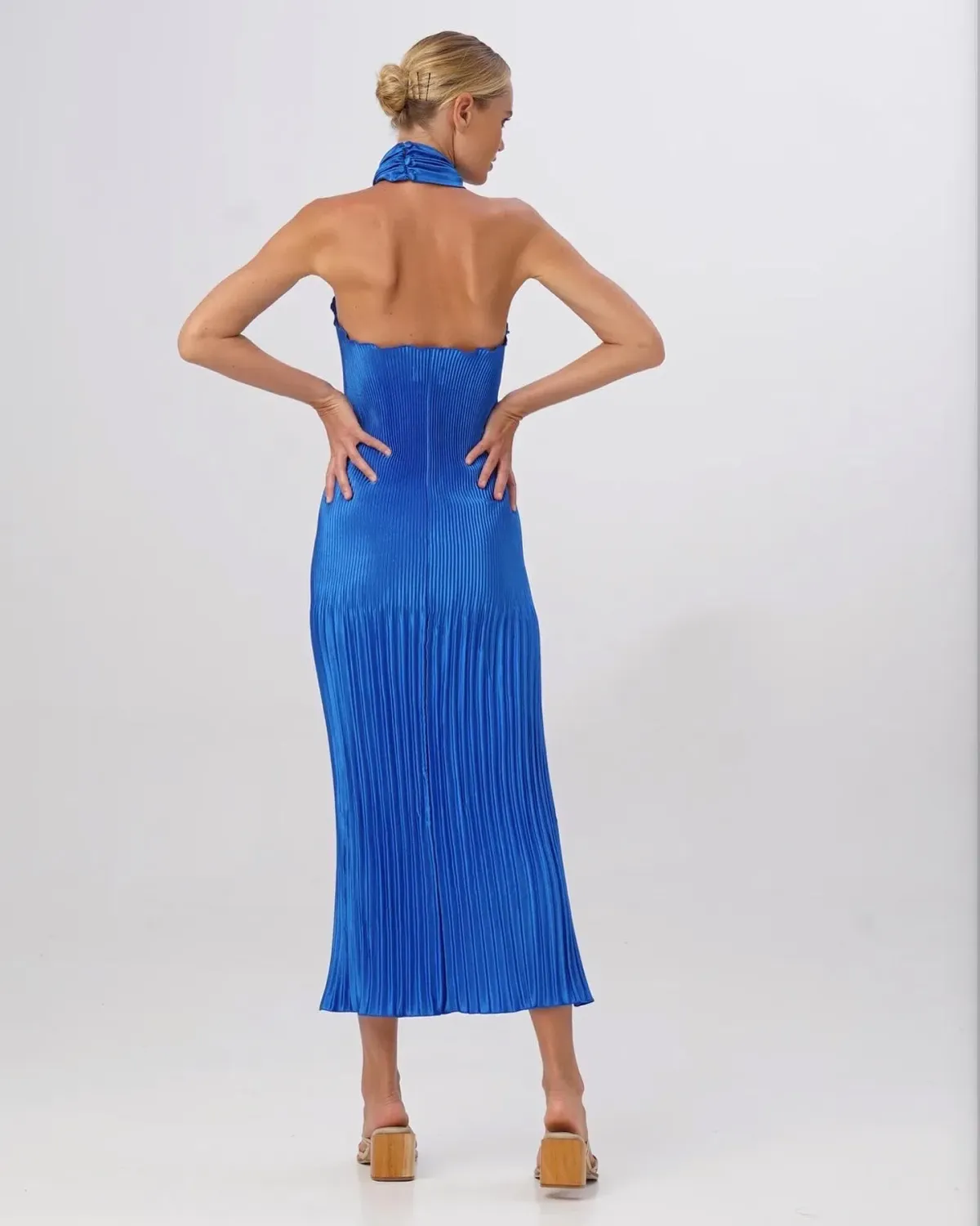 Lidee Soiree Pleated Halter Gown Moroccan Blue Size 8 - Image 3