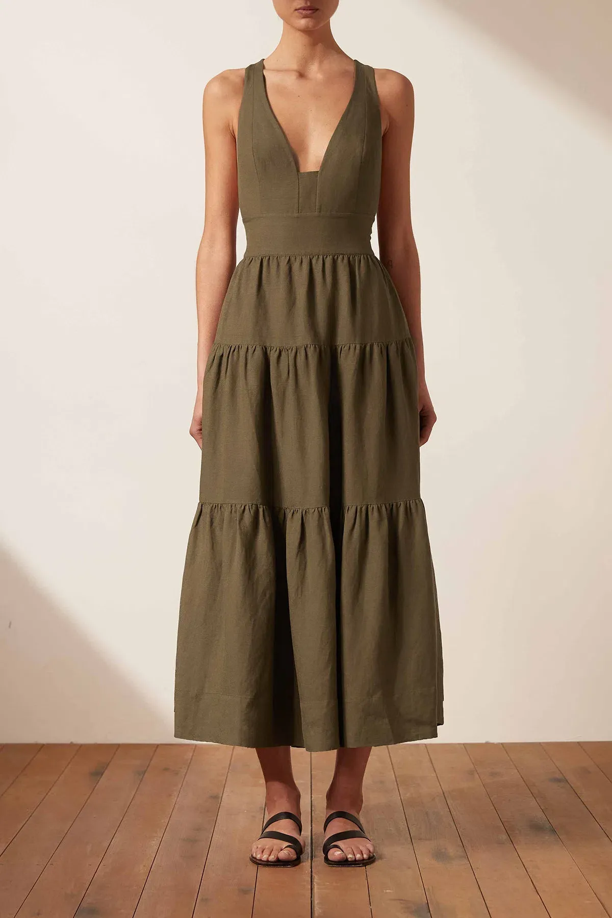 Shona Joy Juliana Linen Plunged Cross Back Dress in Forest Green Size 14 - Image 1