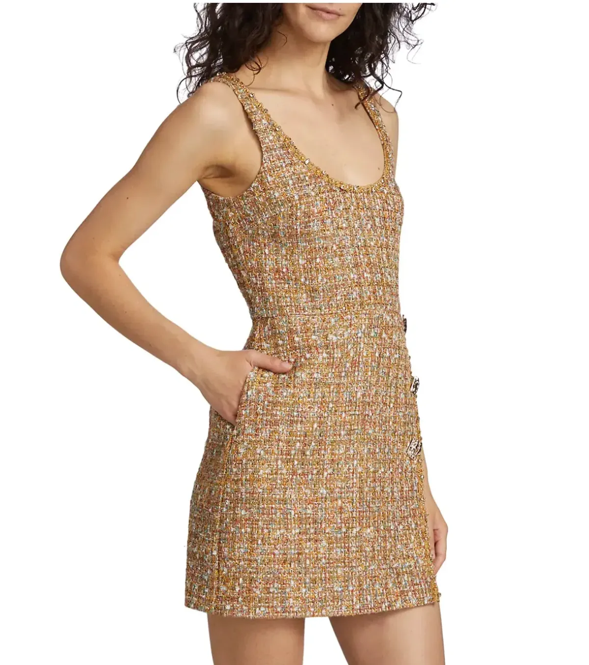 Self Portrait Gold Tinsel Boucle Beaded Mini Dress Gold Size 10 - Image 3