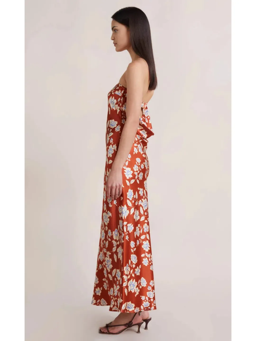 Bec & Bridge Blossom Strapless Maxi Dress Rust Print Size AU 6 for rent on The Volte - main image