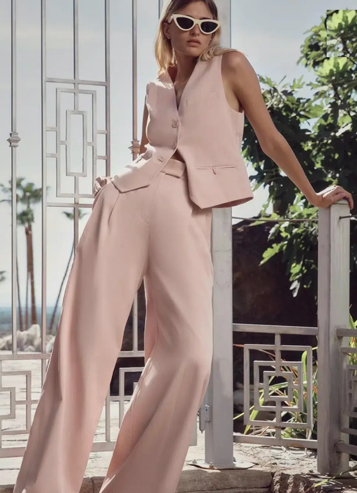 Shona Joy Sara Oversized Tailored Vest Size 8 and Tailored Wide Leg Pants Size 10 Set Powdered Pink - Image 3