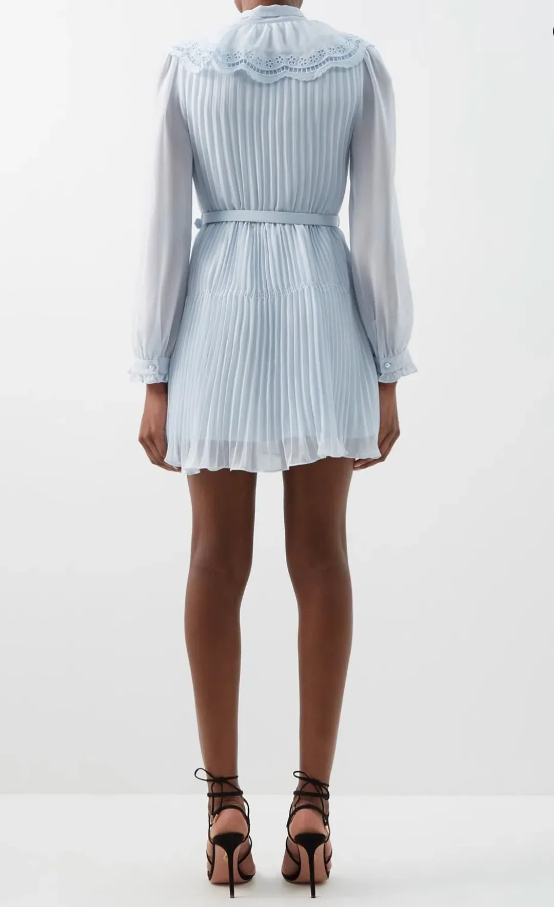 Self Portrait Broderie-Collar Pleated Chiffon Mini Dress Blue Size 12 for rent on The Volte - main image