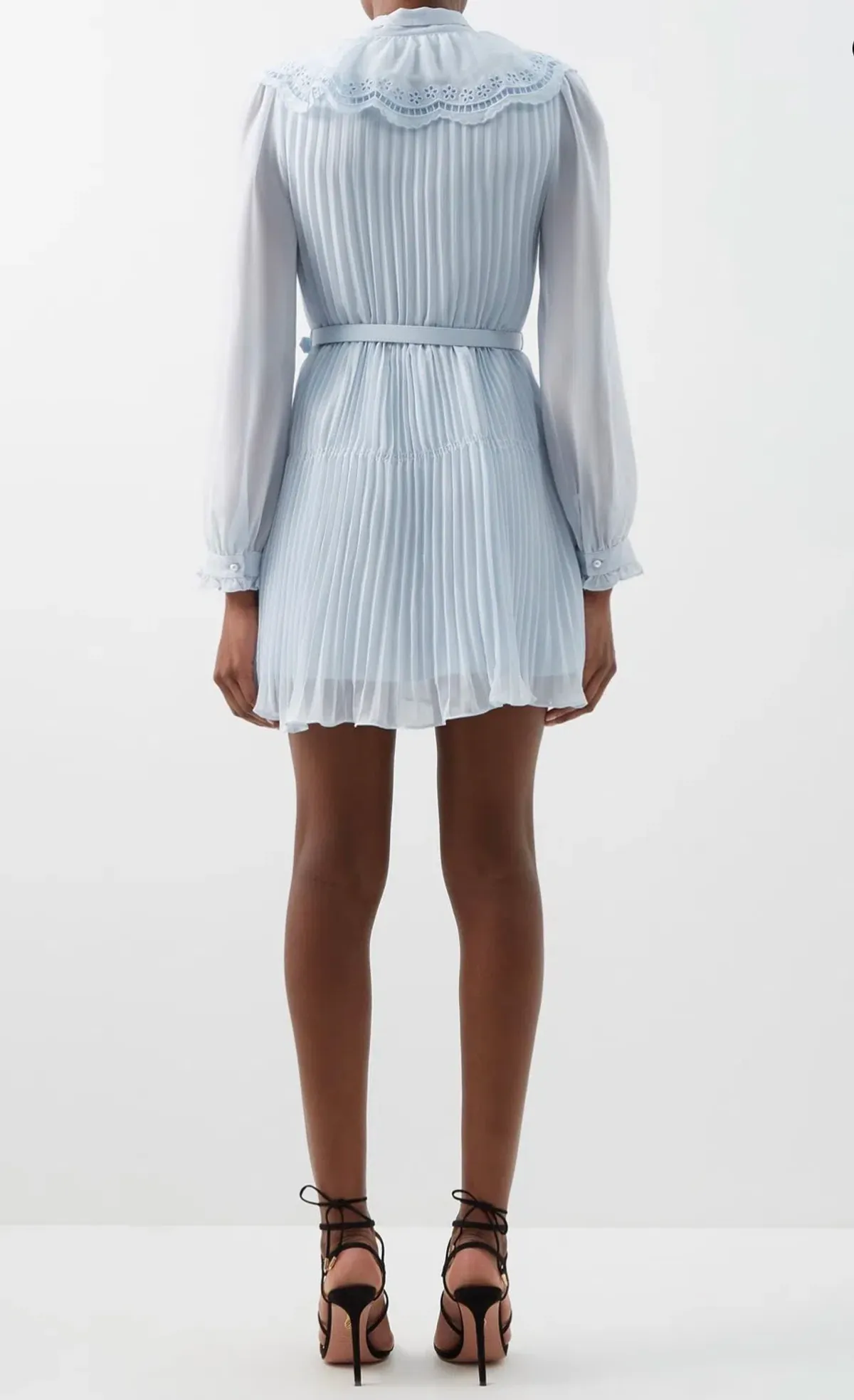 Self Portrait Broderie-Collar Pleated Chiffon Mini Dress Blue Size 12 - Image 4