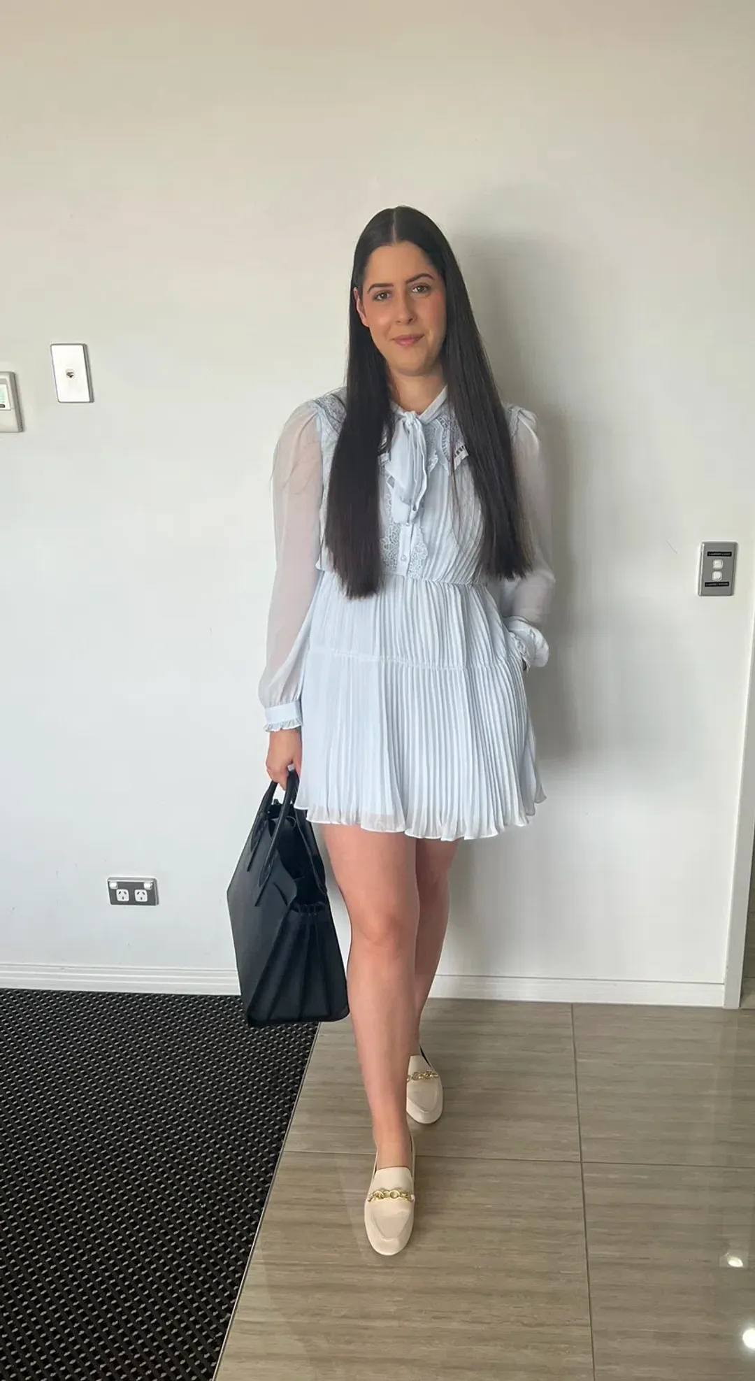 Self Portrait Broderie-Collar Pleated Chiffon Mini Dress Blue Size 12 for rent on The Volte - main image