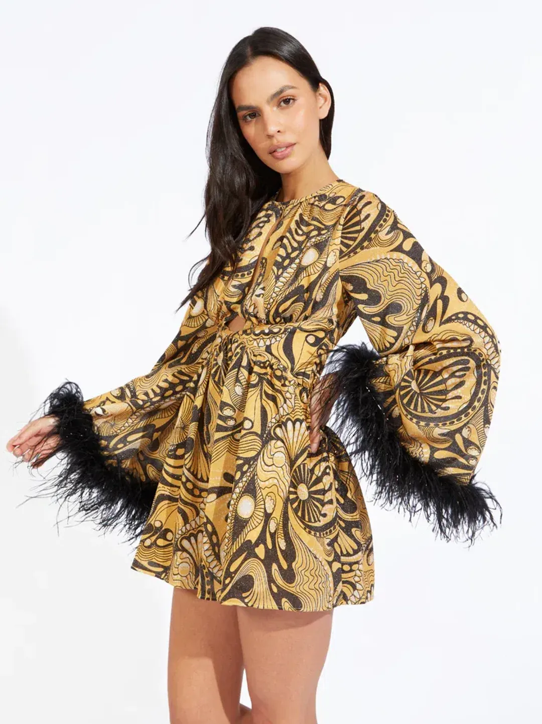 Alice McCall Gold Dust Feather Mini Dress Print Size 6  for rent on The Volte - main image